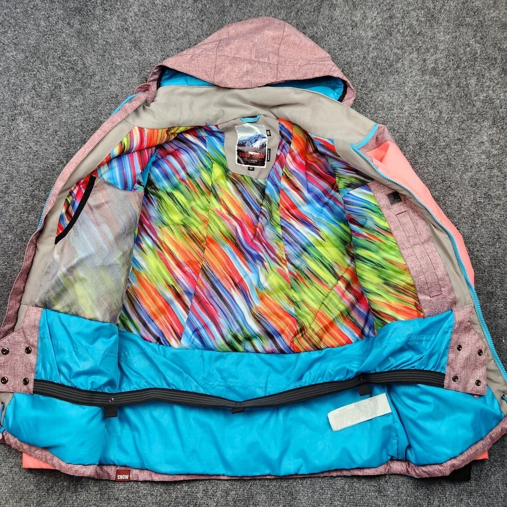 GSOU SNOW Jacket Womens Medium Pink Blue‎ Colorblock Ski Snowboard Hooded 10K